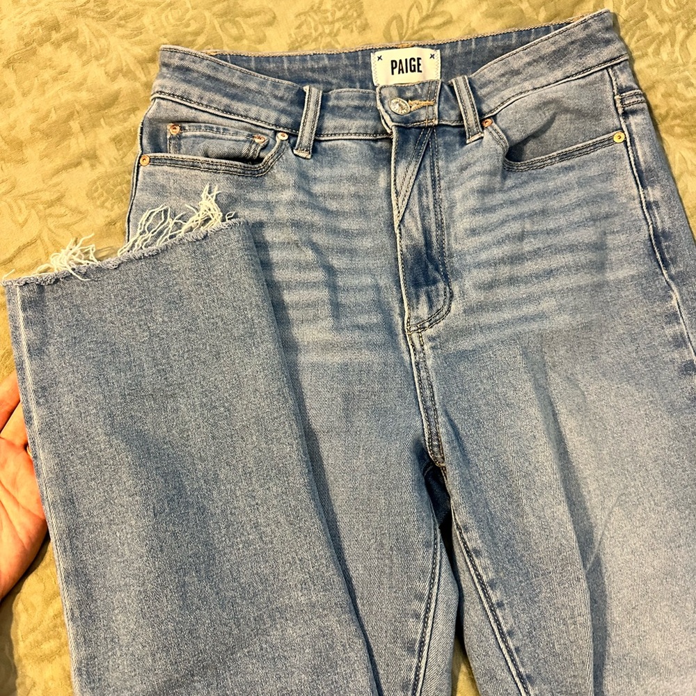 PAIGE Frayed Hem Light Blue Cropped Jeans